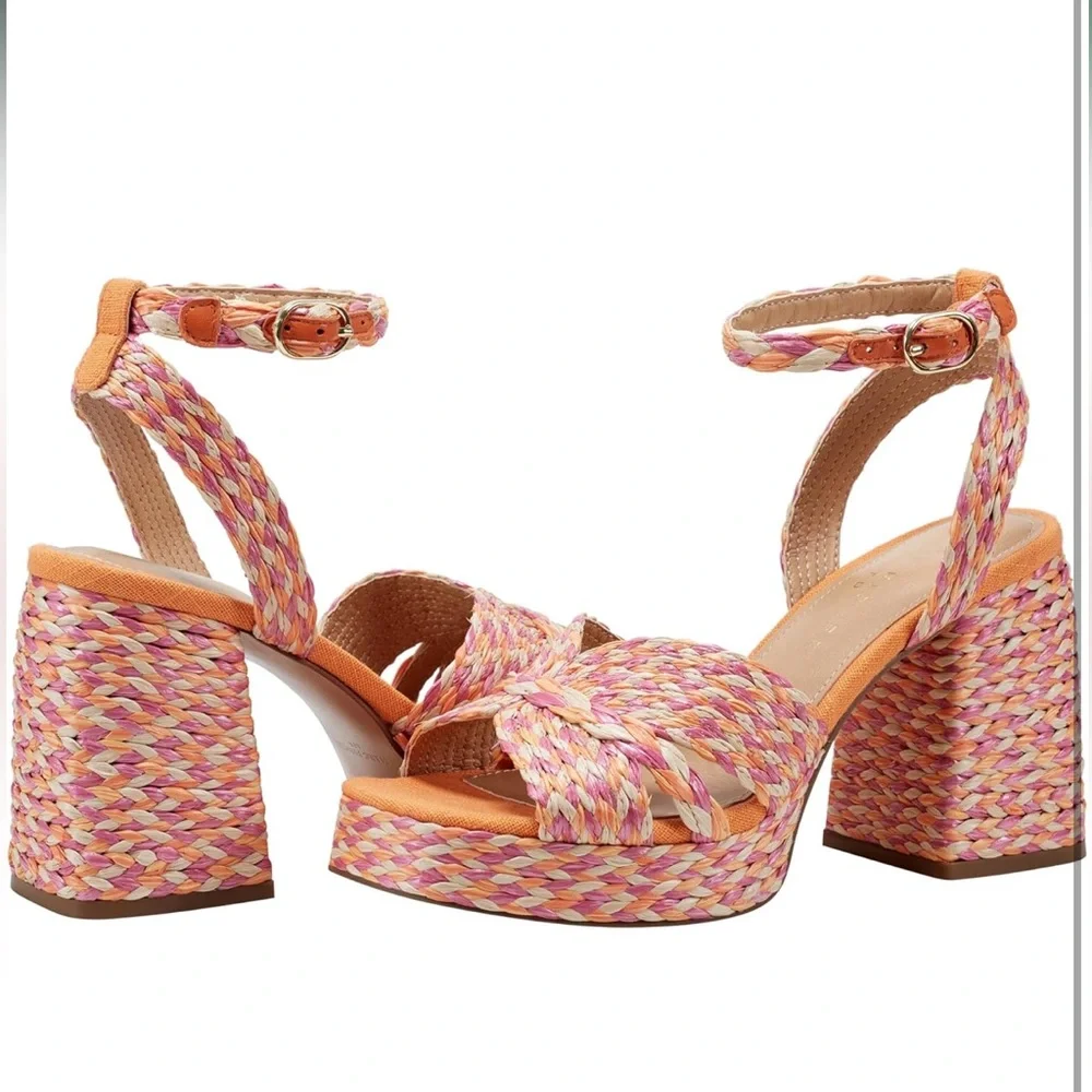 NWT Marc Fisher LTD Raffia Platform Sandals - Janie, Pink Multi, Size 9